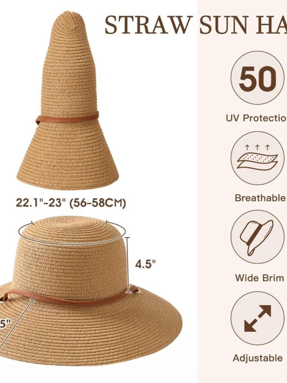 Beach Hat for Women, Wide Brim Sun Straw Hats for Women, Sun Hat Womens UPF 50+ - Picture 4 of 7